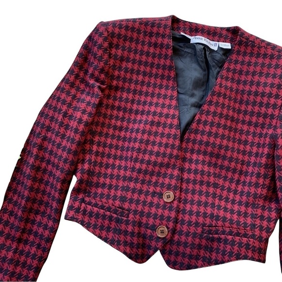 Vtg Anne Klein II Wool Cashmere Houndstooth Cropped Jacket Red Black Size 8 - Picture 3 of 9